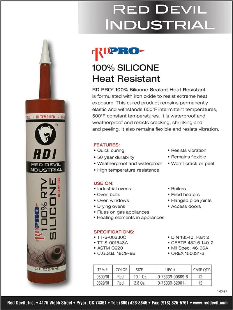 Red Devil سيليكون مانع تسرب مقاوم للحرارة 100% من ريد ديفل 08290I RD PRO، 2.8 أونصة، أحمر، 12 عبوة، صنع في الولايات المتحدة - Image 2